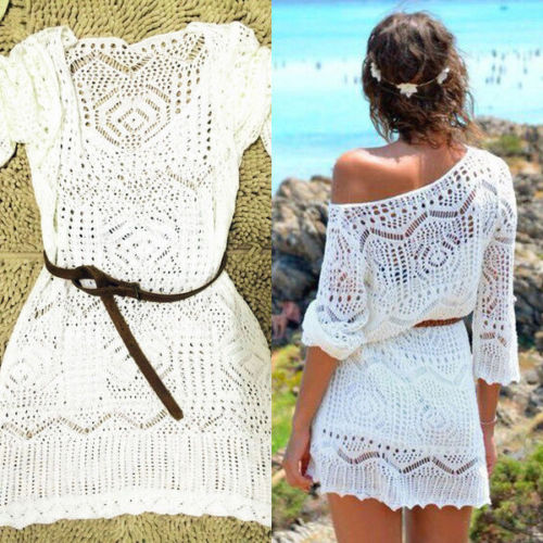 Sexy Women Lace Crochet Dress Summer Beach Dress White See Through MIni Dress One Size