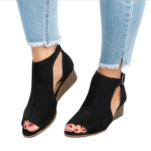 woman wedge buckles fish mouth sandals