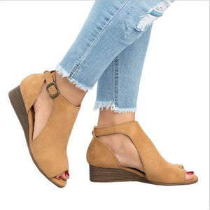 woman wedge buckles fish mouth sandals