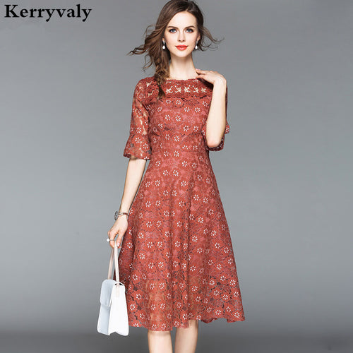 Summer Hollowed-out Horns Sleeved Lace Dress