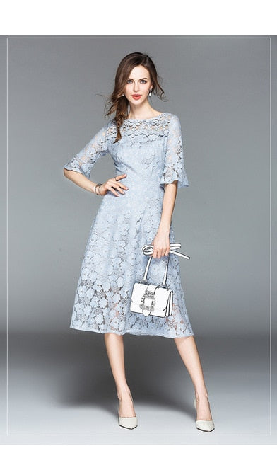 Summer Hollowed-out Horns Sleeved Lace Dress