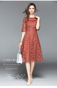 Summer Hollowed-out Horns Sleeved Lace Dress