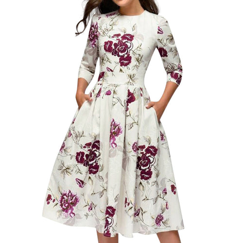 Summer Party Dress Women Elegent Floral Print Half Sleeve Midi Dress Vintage O Neck Pocket Party Dresses Vestidos