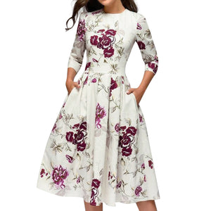 Summer Party Dress Women Elegent Floral Print Half Sleeve Midi Dress Vintage O Neck Pocket Party Dresses Vestidos