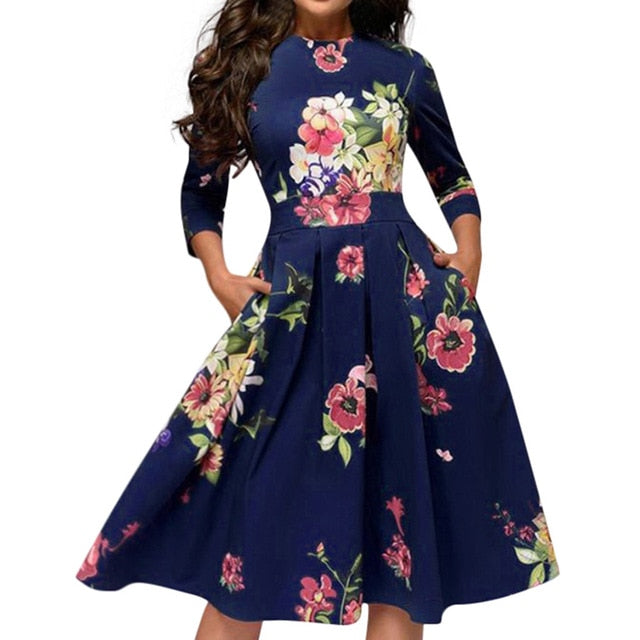 Summer Party Dress Women Elegent Floral Print Half Sleeve Midi Dress Vintage O Neck Pocket Party Dresses Vestidos