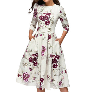Summer Party Dress Women Elegent Floral Print Half Sleeve Midi Dress Vintage O Neck Pocket Party Dresses Vestidos